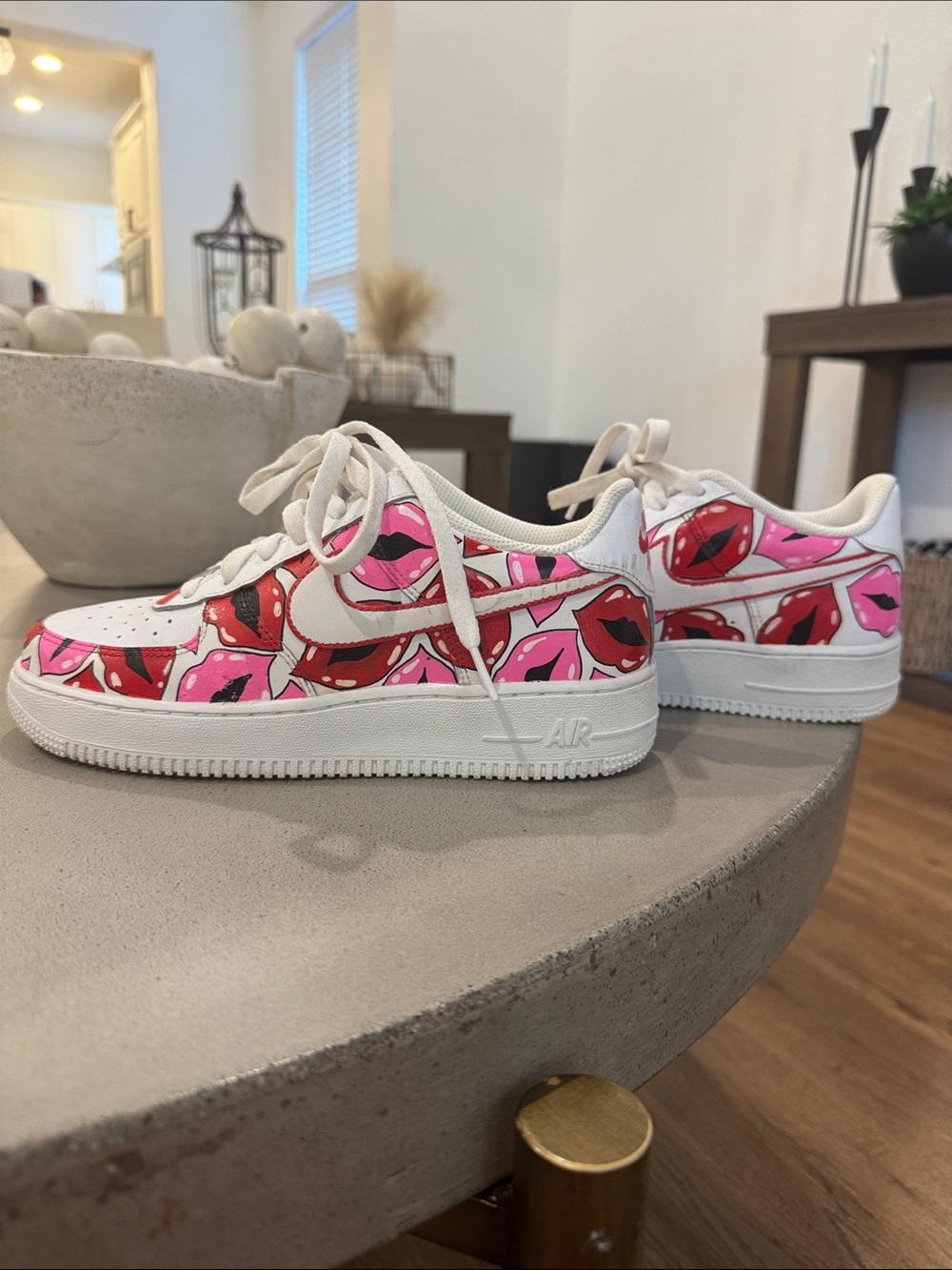 Nike Women's White Sneakers with Pink and Red Lip Print